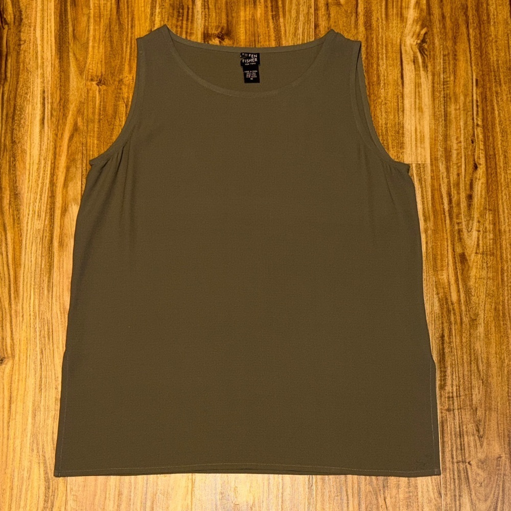 Eileen Fisher women’s medium 8 10 blouse top brown olive shell tank silk layer